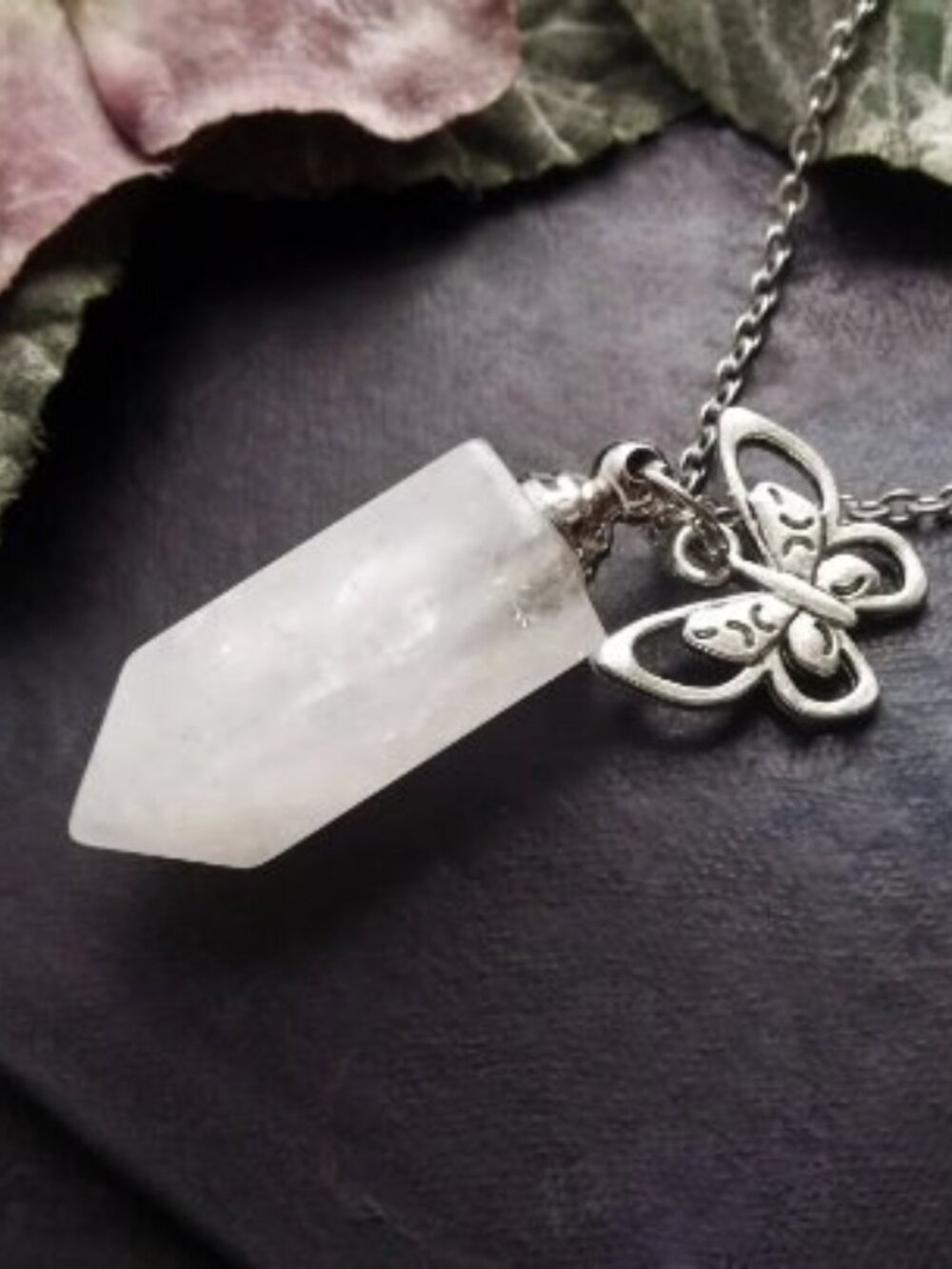 White Quartz Crystal Vial Bottle Butterfly Charm Necklace Pendant